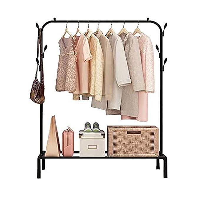 Freestanding Metal Cloth Stand with Bottom Storage Shelf & Coat Hanger | Heavy-Duty Garment Rack for Bedroom, Laundry, Entryway & More | Black | 40 x 110 x 148 cm | Model No. MGS-001
