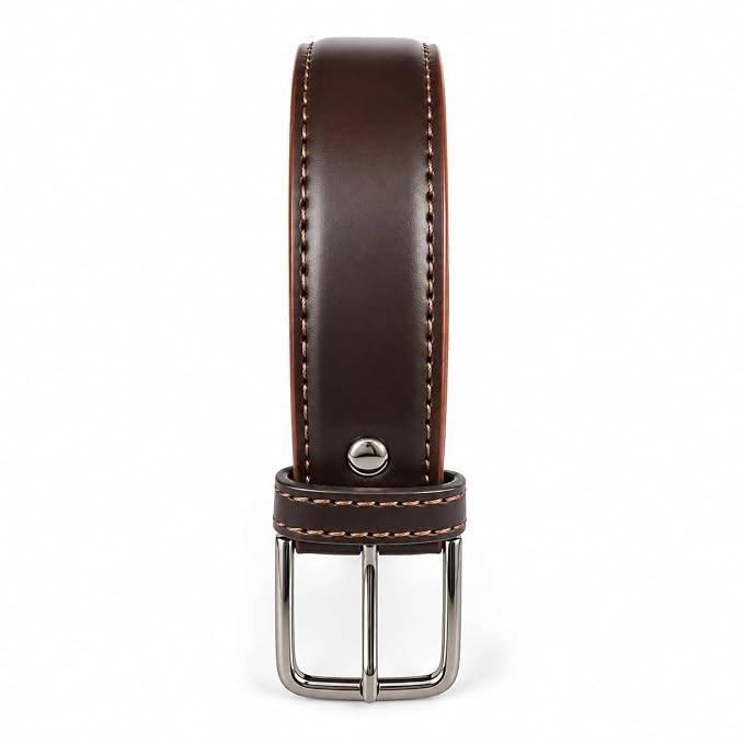 Men's Leather Belt, Black, Silver-Tone Buckle, Stitched Edges, Formal Dress Style