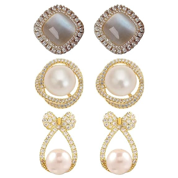 3 Pairs Stud Earrings for Women, Pearl Studs Earrings Set for Women, Stylish Ear Studs, Pearls Earrings, Jewellery Gift for Girls (Golden)