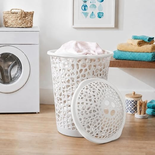 KITCHIVO™ Plastic Large 55 Ltr Laundry Basket with Lid & Handle | Multipurpose Hamper Bins Storing Washable Clothes, Blankets | Household Ideal for Home & Bathroom (Round White)