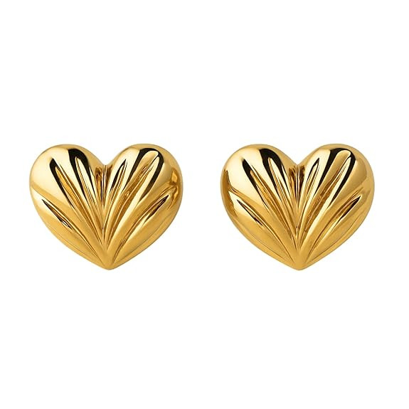 Blooming Heart Stud Earrings, 14K Real Gold Plated, Heart Stud Earrings for Women with Textured Design, Minimal Studs, Hypoallergenic, Water-Resistant, Non-Tarnish, 20 mm x 22.86 mm