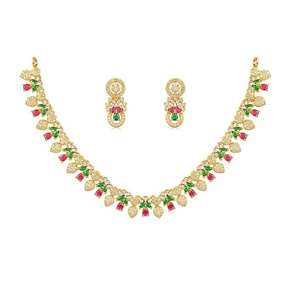 Stylish Necklace Set for Women with American Diamond & Earrings | Gold Plated Jewellery | Elegant Ethnic & Trendy Jewellery Gift Set for Women