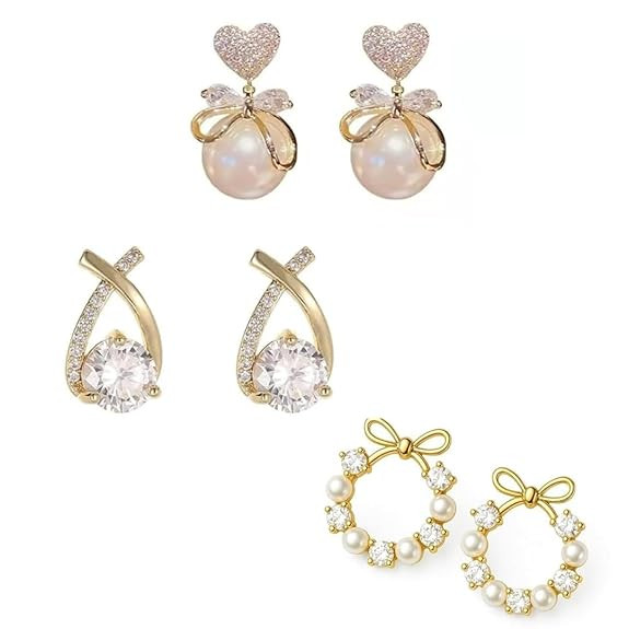 Earrings Set of 3, Gold Tone, Pearl and Crystal Embellished, Heart and Bow Design, Stud Style