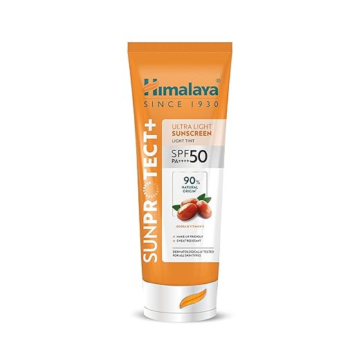 Himalaya Sun Protect+ Ultra Light Sunscreen | Light tint Cream| 90% Natural Origin Ingredients | In vivo tested SPF 50 PA++++ | Dermatologically tested for all skin types | No white cast | Make up friendly | Sweat Resistant | 50g