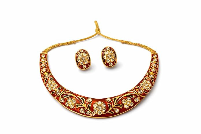 Rajasthani Kundan Jewellery Set for Women and Girls, Traditional Necklace with Earrings, orange and Gold