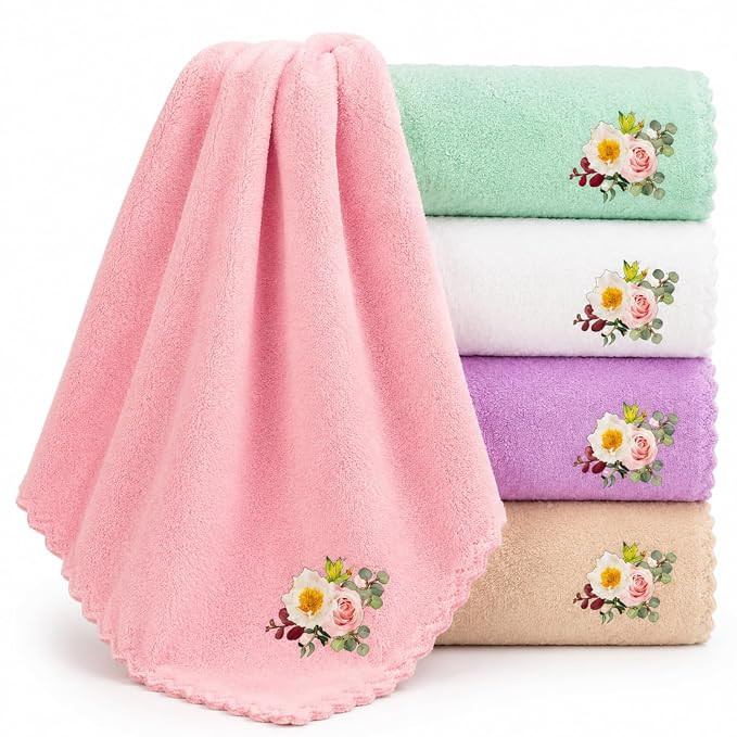 Microfiber Handkerchief for Women | Soft Quick Dry Face Towel Rumal for Women, Girls & Kids | Super Absorbent Floral Reusable Handkerchief with Scalloped Lace Border | 25 x 25 cm | Assorted Colors
