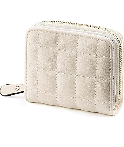 PU Leather Mini Zipper Wallet for Women, White - Checked Pattern