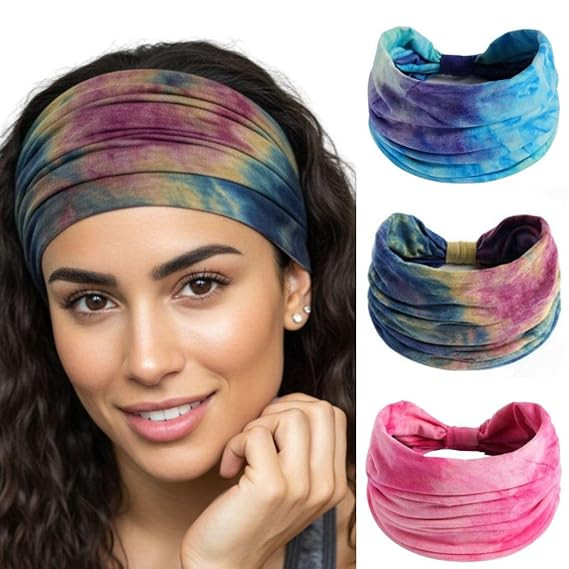 Pack of 3 Tie-Dye Boho Chic Sports Hair Bands Performance Meets Fashion | Sweat Absorbent Soft Wide Head Bandana Girls Women Hairband for Yoga, Workout, Gym (Boho, Pack of 3)