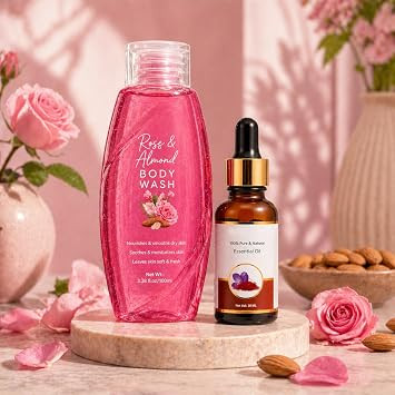 Body Wash & Essential Oil Combo Set – Hydrating, Deep Cleansing & Refreshing Skincare Kit | Moisturizing, Skin Nourishing Daily Bath Care | Suitable for All Skin Types | Men & Women (Rose & Almond)