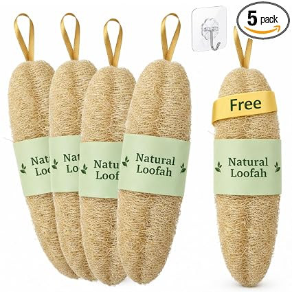 Organic Natural Loofah Body Sponge & Scrubber for Shower | Sun Dried Exfoliating Luffa for Skin Smoothness | 100% Biodegradable & Natural Bath Accessory (Pack of 5) + WALL HOOK