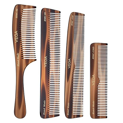 VEGA Set of 4 Handcrafted Hair Combs – Cellulose Acetate Comb Set, Detangling, Daily Grooming, All-Purpose & Comb Set for Men & Women, (India's No.1* Hair Comb Brand, HMCS-04)