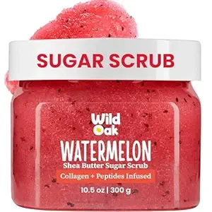 WildOak Watermelon Sugar Body Scrub | 300g | Kojic Acid, Hyaluronic Acid, Ceramides, Collagen & Peptides | De-Tan & Brightens Dark Areas | Smooths Strawberry Legs & Arms | Hydrates & Exfoliates