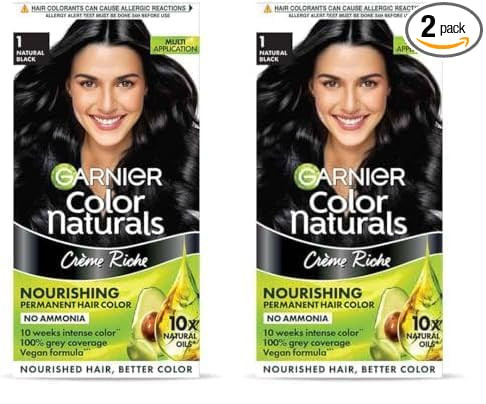 Garnier, Hair Colouring Creme, Long-lasting Colour, Smoothness & Shine, Color Naturals, Shade: 1 Natural Black, 70ml + 60g (Pack of 2)