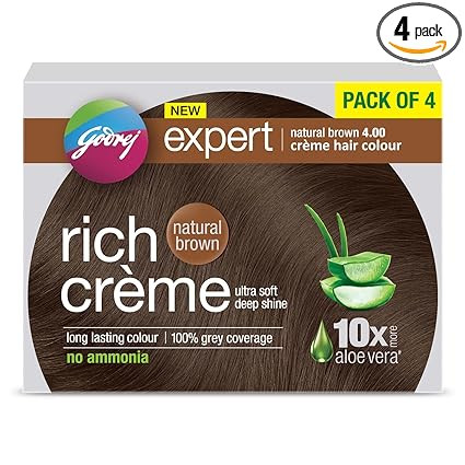 Godrej Expert Rich Creme Hair Colour Sachet - Pack of 4 Natural Brown 4.00 (80g+80ml) | with Aloe Vera & Milk Protein | No Ammonia