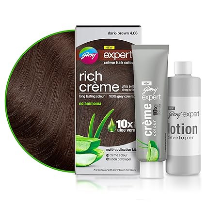 Godrej Expert Rich Crème Hair Colour for Women & Men – DARK BROWN Shade 4.06 (50ml + 50g) | No Ammonia | 10x Aloe Vera & 100% Grey Coverage