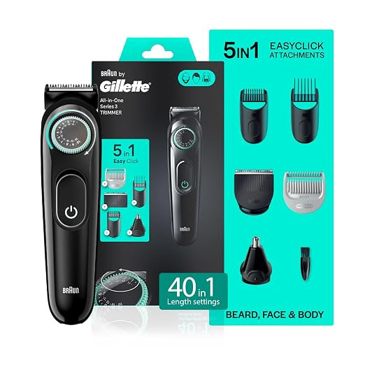 Gillette Series 3 All-in-One Beard & Body Trimmer for Man (by Braun) | 40 length settings for Face, Body, Head & Private Parts | Ultra Sharp Blades for Precise trim | Sensitive Body Comb for body grooming | 3-Year Warranty | 5 on top Attachments | 50 Min