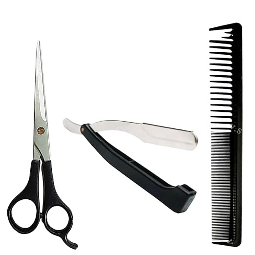 Hair Cutting Set with Comb, Scissors & Shaving Razor – Professional 3-in-1 Grooming Kit for Men & Women | Hair Trimming and Beard Shaving Tool Combo for Home & Salon Use