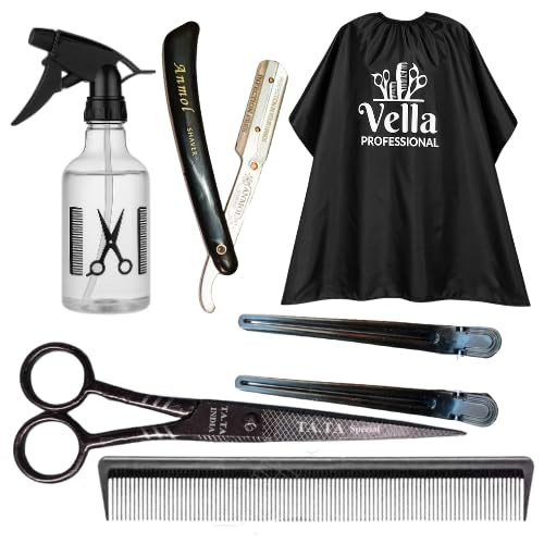 Professional Hair Cutting Combo Kit for Men & Women | Hair Scissor Black, Razor, Water Spray Bottle, Comb, Hair Clips & Apron Sheet | Salon Barber Styling Set for Home & Professional Use