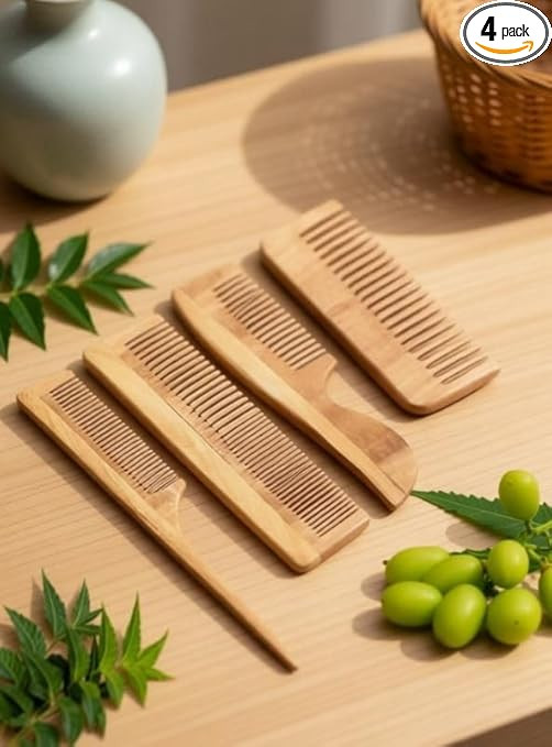 Pure Nature Neem Wood Hair Combs, Wide Tooth Detangling Set, 4 Pieces, Natural Hair Care