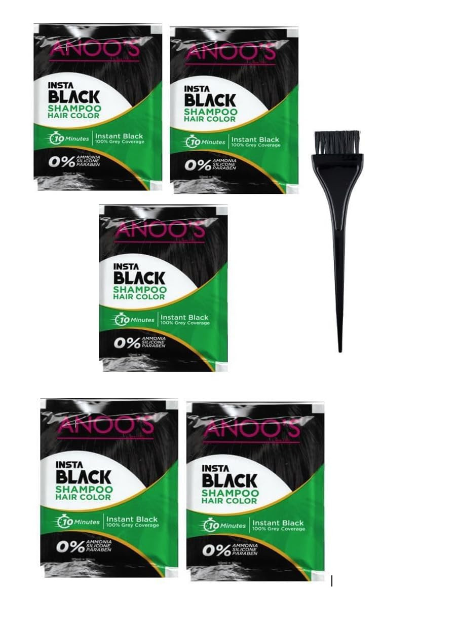 Insta Shampoo Black Hair Colour by Anoos Henna Dye 5 pack with brush, 10 Minutes instant Black 100% Grey Coverage 20ml