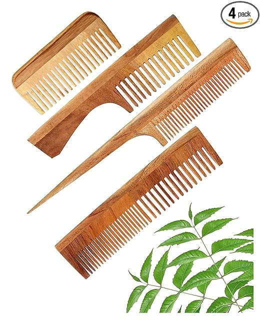 Organic Neem Wood Anti Dandruff Hair Comb Combo (pack of 4) Natural & Eco-Friendly | Hair Styling Comb with Fine & Wide Teeth Comb | Made in India