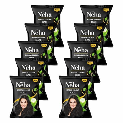 Neha Herbals Hair Colour Henna Natural Base - Each Pack 20G, (Pack of 10), Net Wt: 200 gms (Black)