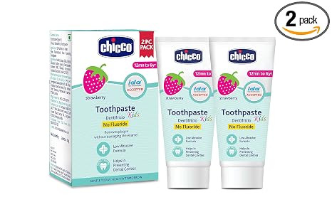 Chicco Toothpaste for Kids, Best for Baby (1y-6y), Strawberry Flavour, 50g (Pack of 2) | Fluoride-Free & Low Abrasive | Removes Plaque, Helps Prevent Cavities | IDA Accepted