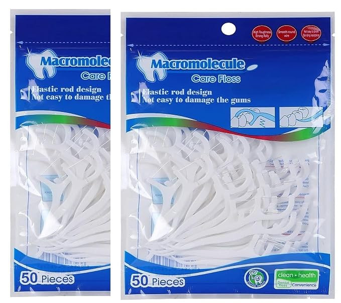Macromolecule Care Dental Floss Picks 100 Pieces | High Toughness Strong Floss | Smooth Round Wire | Gum Safe Elastic Rod Design | Easy Plaque Removal Toothpick Floss for Daily Oral Care (pack 2)
