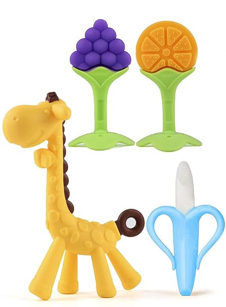 Alya Infant The Cheeky Kidzz Baby Silicone 1 Giraffe Teether|1 Banana|2 Fruit Shape Teether (Design 201),Assorted