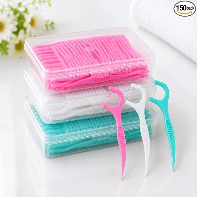 Dental Floss Picks 150 Count (50 Pieces Each, Pack of 3) | Easy Glide Interdental Flossers with Toothpick | Plaque Remover for Fresh Breath & Daily Oral Care
