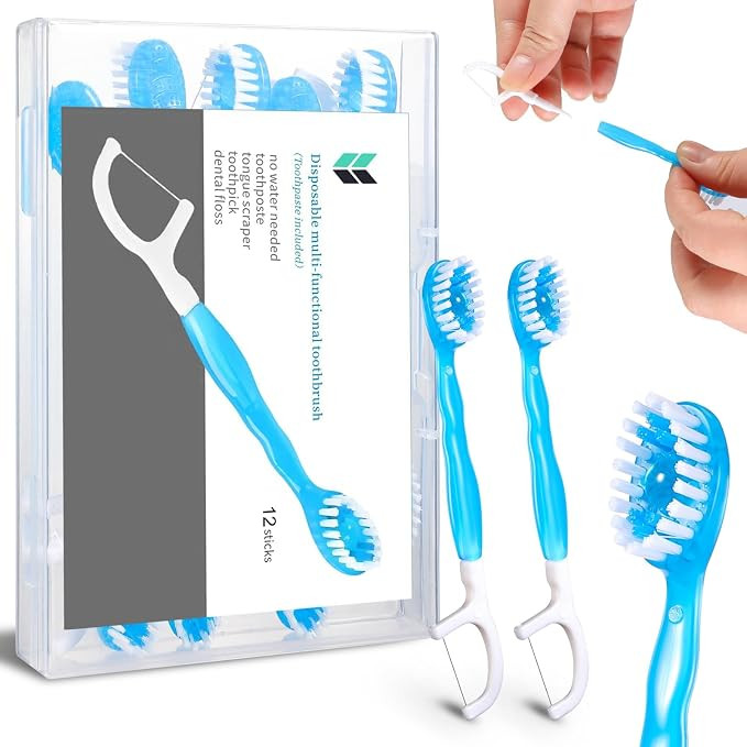 12 Pack Mini Toothbrush Kit, Travel Toothbrush, Disposable Toothbrush, Portable Foldable Small Tooth Brush, 5 in 1 Pre-Tied Floss Tongue Scraper Fresh Breath Toothpick for Travel