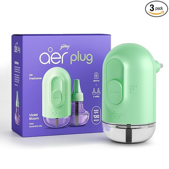 Godrej aer Plug Electric Air Freshener (Machine + 2 Refills (25ml each) | Violet Bloom | Lasts up to 120 days