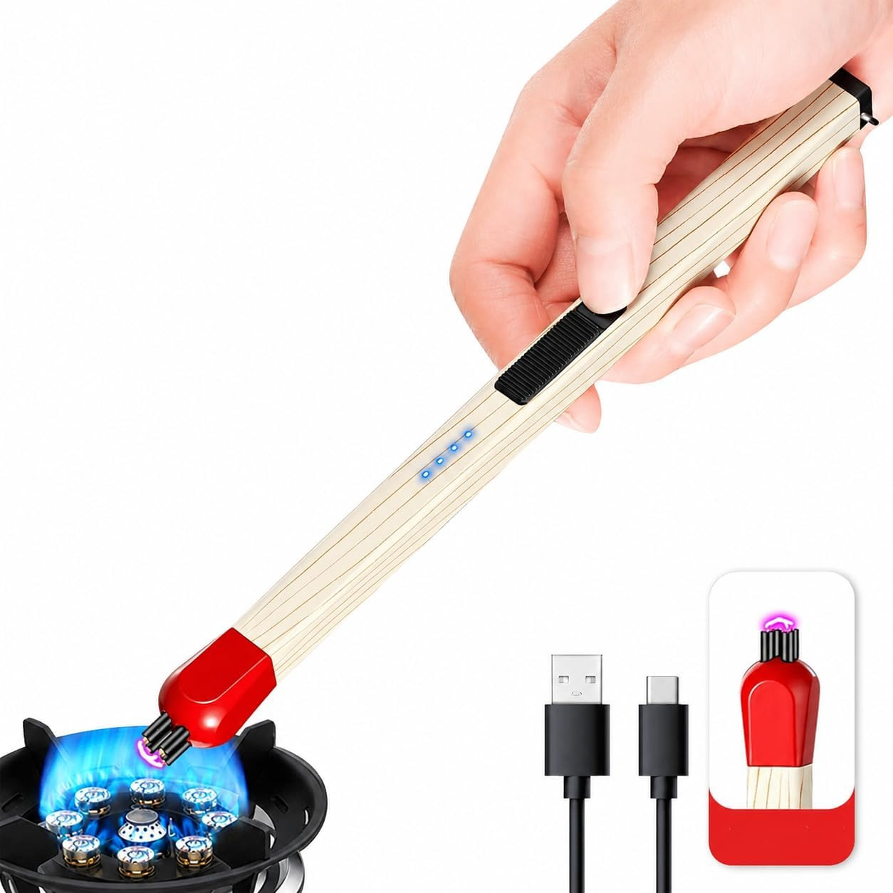 Match Stick Shaped Butane Lighter with Long Handle, Rechargeable Electric Arc Lighter, Multipurpose Lighter for Kitchen Stove, Candles, BBQ, Camping, Fireplace, Smoking & Outdoor Use