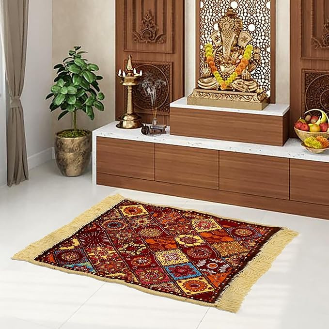 Prayer Mat | Velvet Aasan | Meditation Prayer Carpet Mat | Pooja Aasan | Rangoli Square | Traditional| Rectangle | Multicolor