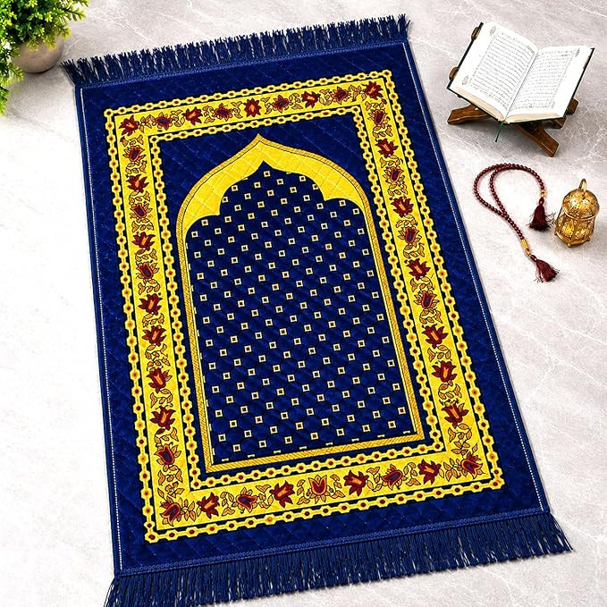 Premium Velvet Janamaz - 2 x 4 Feet Large Prayer Mat (Musalla) with Traditional Floral Pattern, Lightweight & Foldable Padded Namaz Mat for Daily Prayer and Ramadan Gifting (Blue)