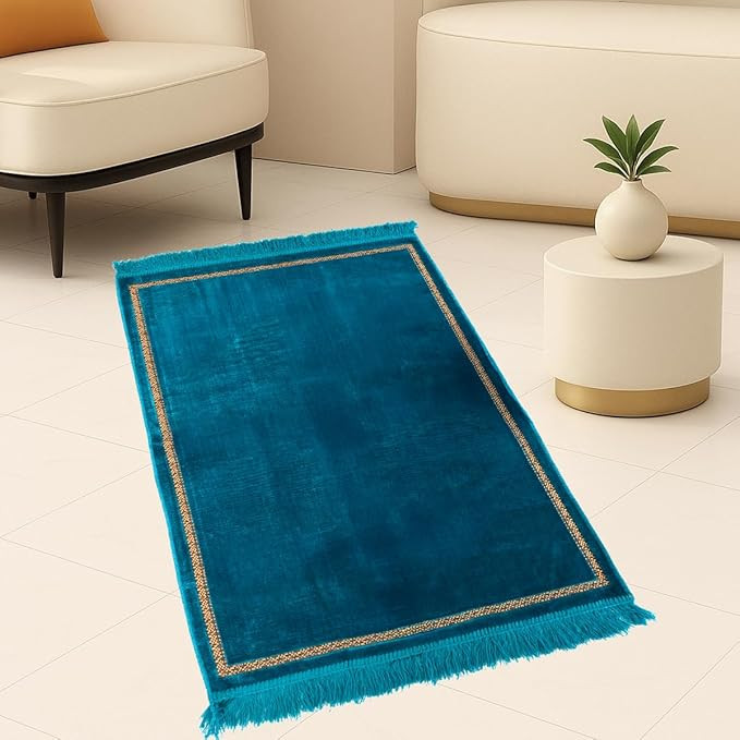 Velvet Prayer Mat 44x28 inch Musalla Janamaz for Namaz Muslim Blue 310894