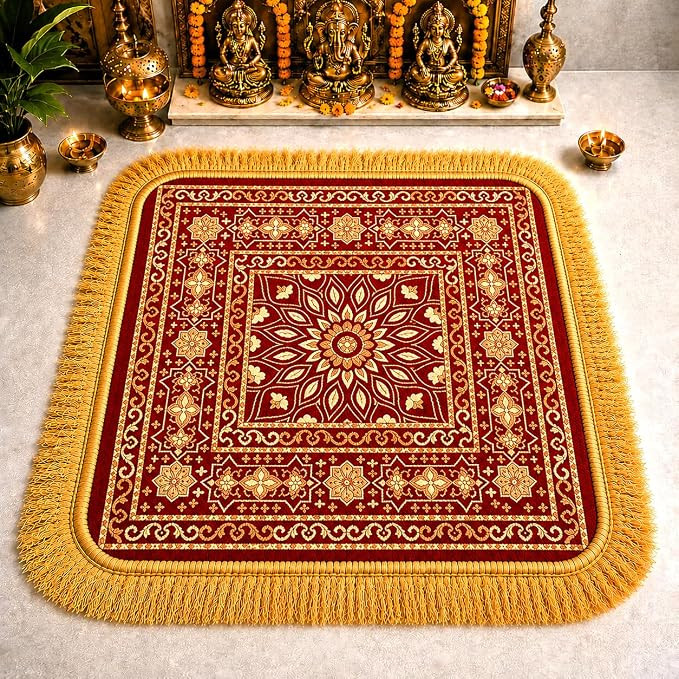 Premium Prayer Mat/Aasan for Home Temple & Meditation | Soft Velvet Touch Cushioned Pooja Mat with Tassels | Washable Floor Rug for Mandir, Yoga, Sitting Mat | 20 x 20 Inch (RED)
