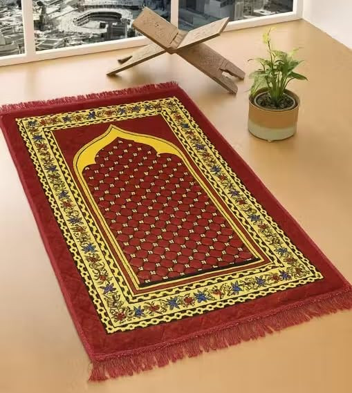 Premium Velvet Janamaz - 2 x 4 Feet Large Prayer Mat (Musalla) with Traditional Floral Pattern, Lightweight & Foldable Padded Namaz Mat for Daily Prayer and Ramadan Gifting (Maroon)