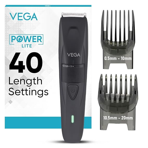 VEGA Power Lite Beard Trimmer for Men with Self-Sharpening Stainless Steel Blades, 40 Length Settings, 90 Min Runtime, 2 Comb Attachment, USB Type-C, Travel Lock, Hair Trimmer, 1Yrs Warranty (VHTH-38)