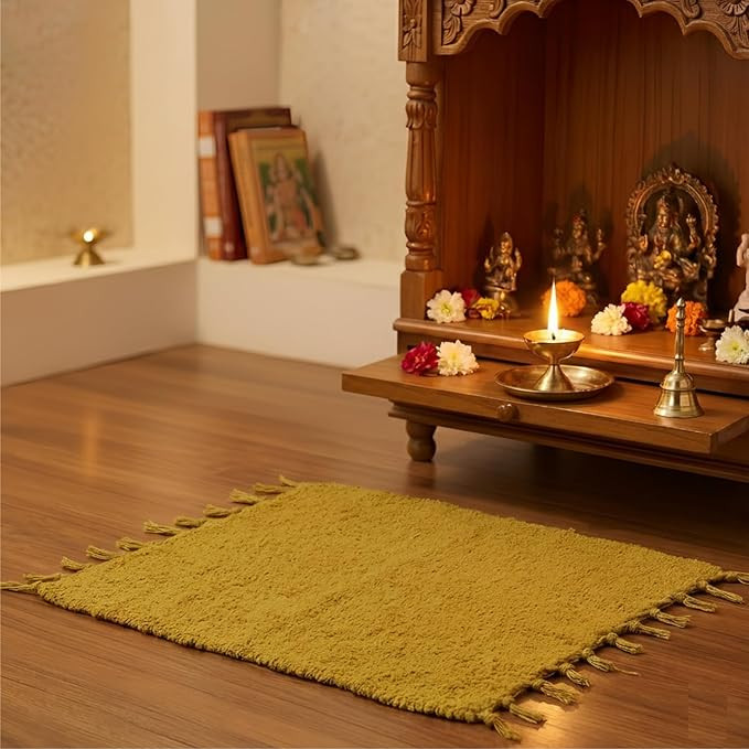 Cotton Prayer Mat for Puja, Yellow Asan for Prayer, Sitting, Meditation, Small Carpet Mat Rug for Floor in 24 x24 Inch in Yellow Color