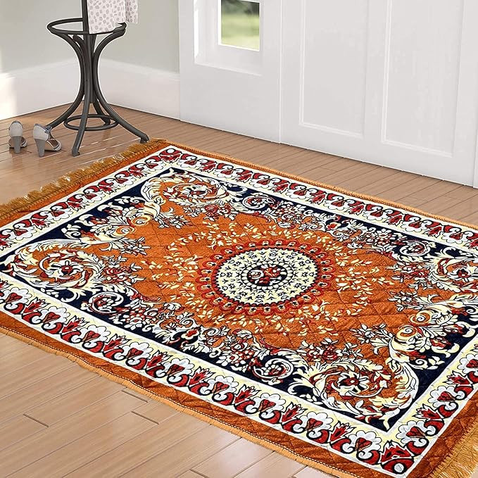 Velvet Pooja Aasan Floor Mat for Prayer & Meditation Sitting Multipurpose Mat in Golden Color, Size 2.5x4 Feet