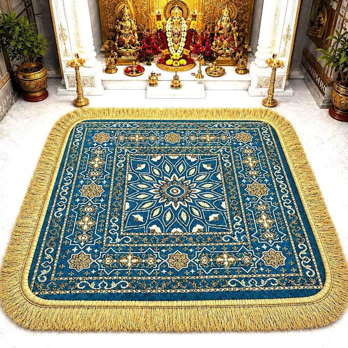 Premium Prayer Mat/Aasan for Puja & Meditation | Soft Velvet Touch Cushioned Pooja Mat with Tassels | Washable Floor Rug for Mandir, Yoga, Sitting Mat | 24 x 24 inches (FEROGI)