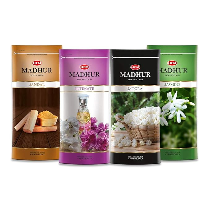 Hem Madhur Incense Sticks Combo of 4 Fragrance Pack of 4 (135 GMS Each) - Jasmine, Mogra, Sandal & Intimate - Pooja Room Items for Aromatic Environment