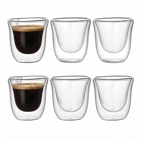 Easy Pour Espresso Cups Set of Clear Insulated 70ml Espresso Shot Glasses - Double Wall Espresso Cups Sets - Demitasse Glass Espresso Cup for Coffee, Tea Lungo Mugs(Pack of 6)