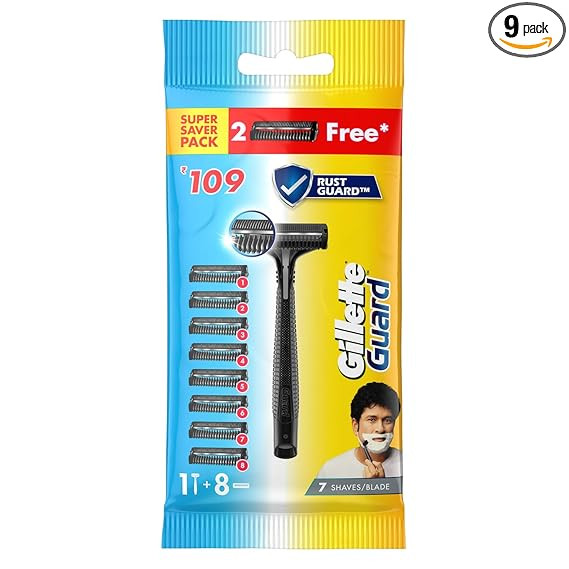 Gillette Men Guard Manual Shaving Razor Blades - 8 Cartridges, 1 Razor