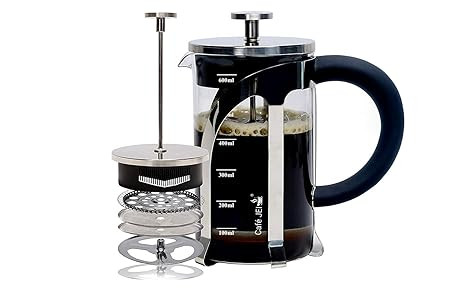 Cafe JEI French Press Coffee and Tea Maker 600ml with 4 Level Filtration System, Heat Resistant Borosilicate Glass, (Steel, 600ml)