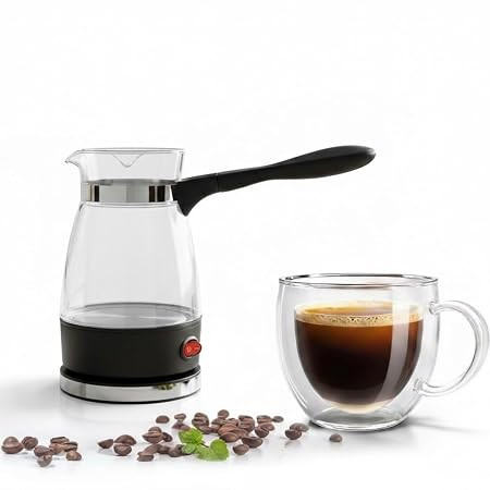 Electric Turkish Coffee Maker and Kettle, Glass Pot with Handle, 500ml Capacity, Black and Clear 600W, Multi-Purpose for Coffee, Tea and Milk