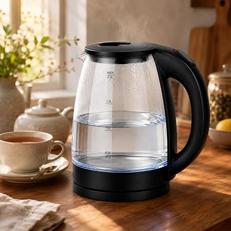 2 Litre Electric Kettle with Blue Indicator Light, 360 Degree Swivel Base, Automatic Shut Off, Borosilicate Glass Body, Fast Boil Water Heater for Tea, Coffee & Hot Water (TRANSPARENT)