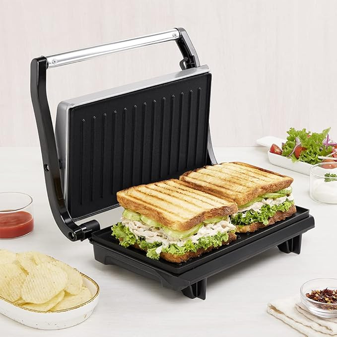 Borosil 800W Prime Grill Sandwich Maker | Can Make 2 Large Sandwich | Made in India, BIS Approved | Nonstick Coated Plates, Even Grilling | Cool Touch Handle | Indicator Light | 2 Years Warranty