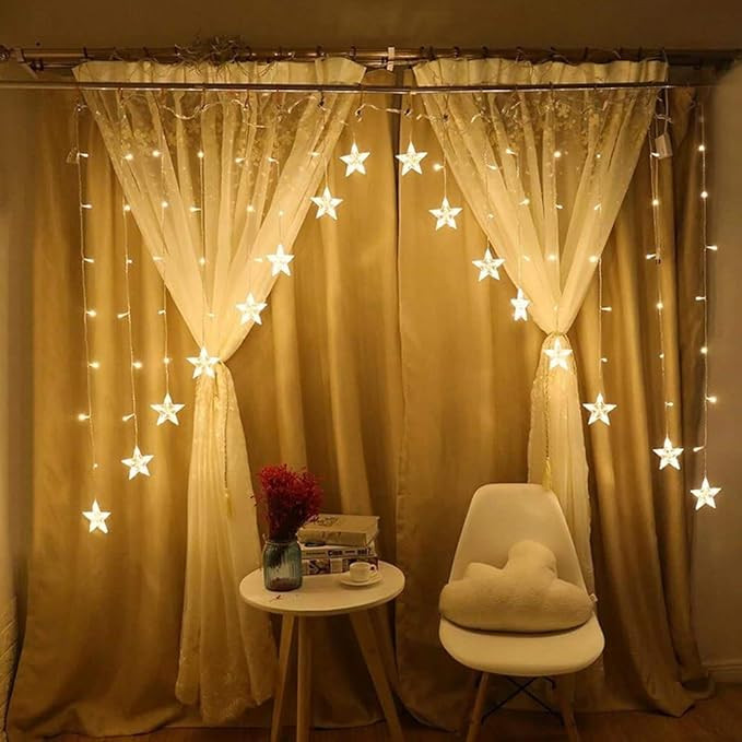 Decorative Star Curtain Led String/Fairy Light | 16 Stars, 136 LED, 3 Meter with 8 Flashing Mode | Battery Powered | Suitable for Indoor Decorations, Christmas, Diwali (Pack of 1, Warm White)